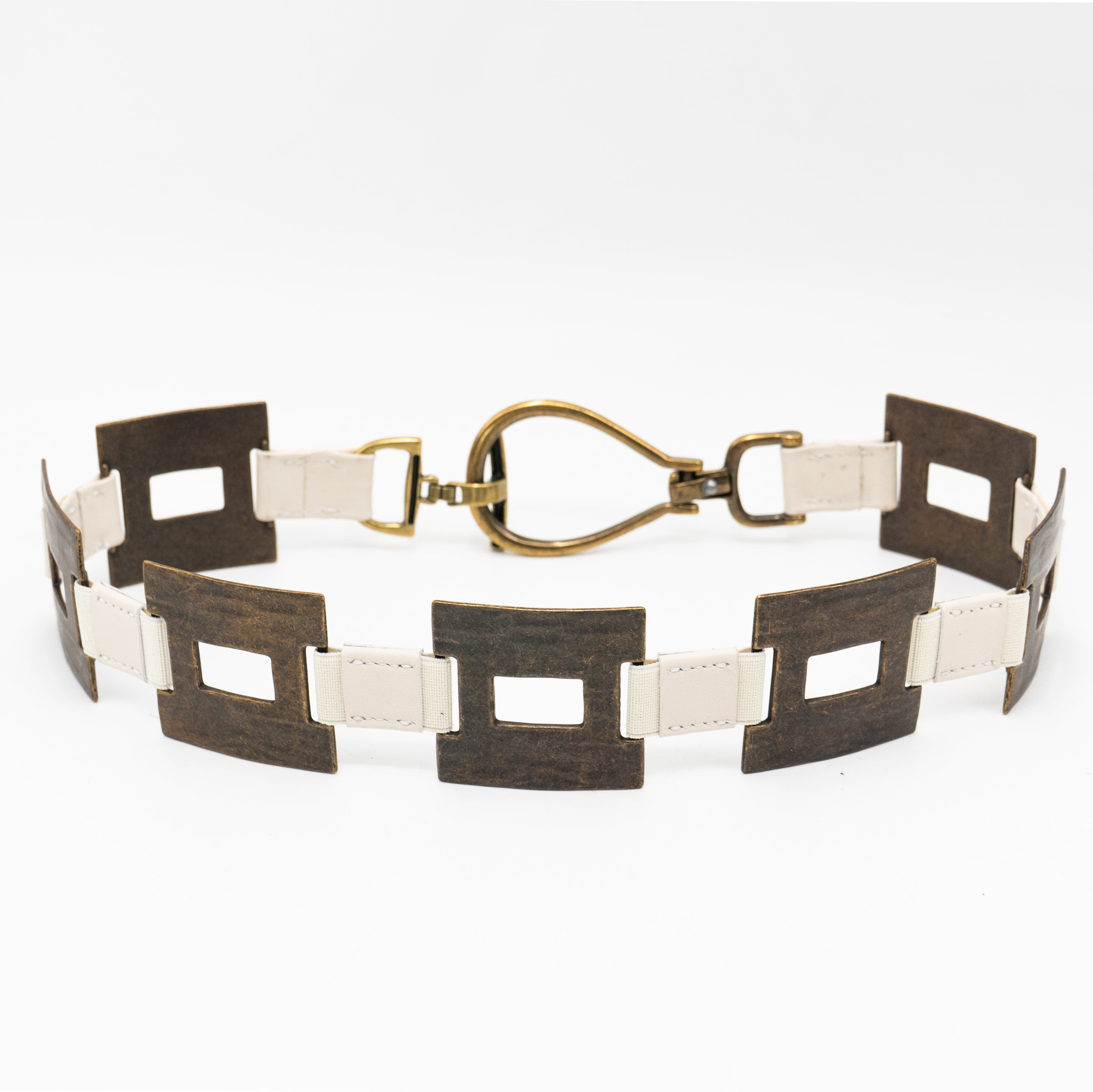 Vera Belt – cream Italian leather belt with brass square hardware, loop-and-hook closure, and adjustable stretch detail, handcrafted in Los Angeles - Streets Ahead