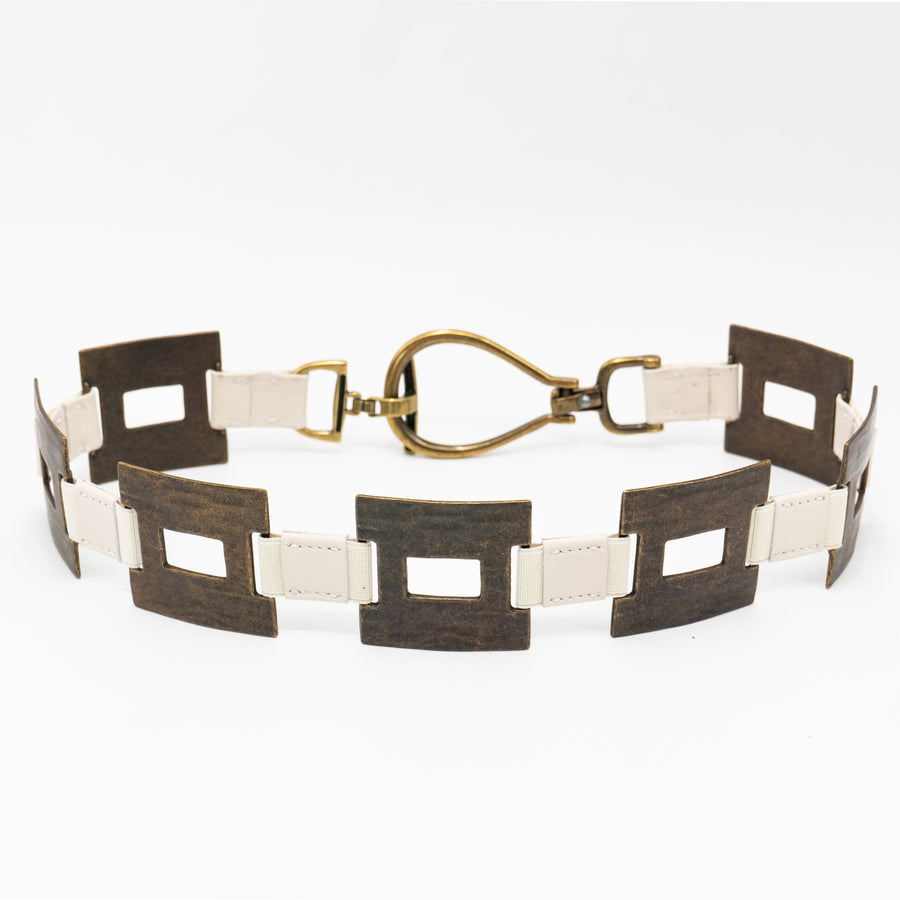 Vera Belt – cream Italian leather belt with brass square hardware, loop-and-hook closure, and adjustable stretch detail, handcrafted in Los Angeles - Streets Ahead