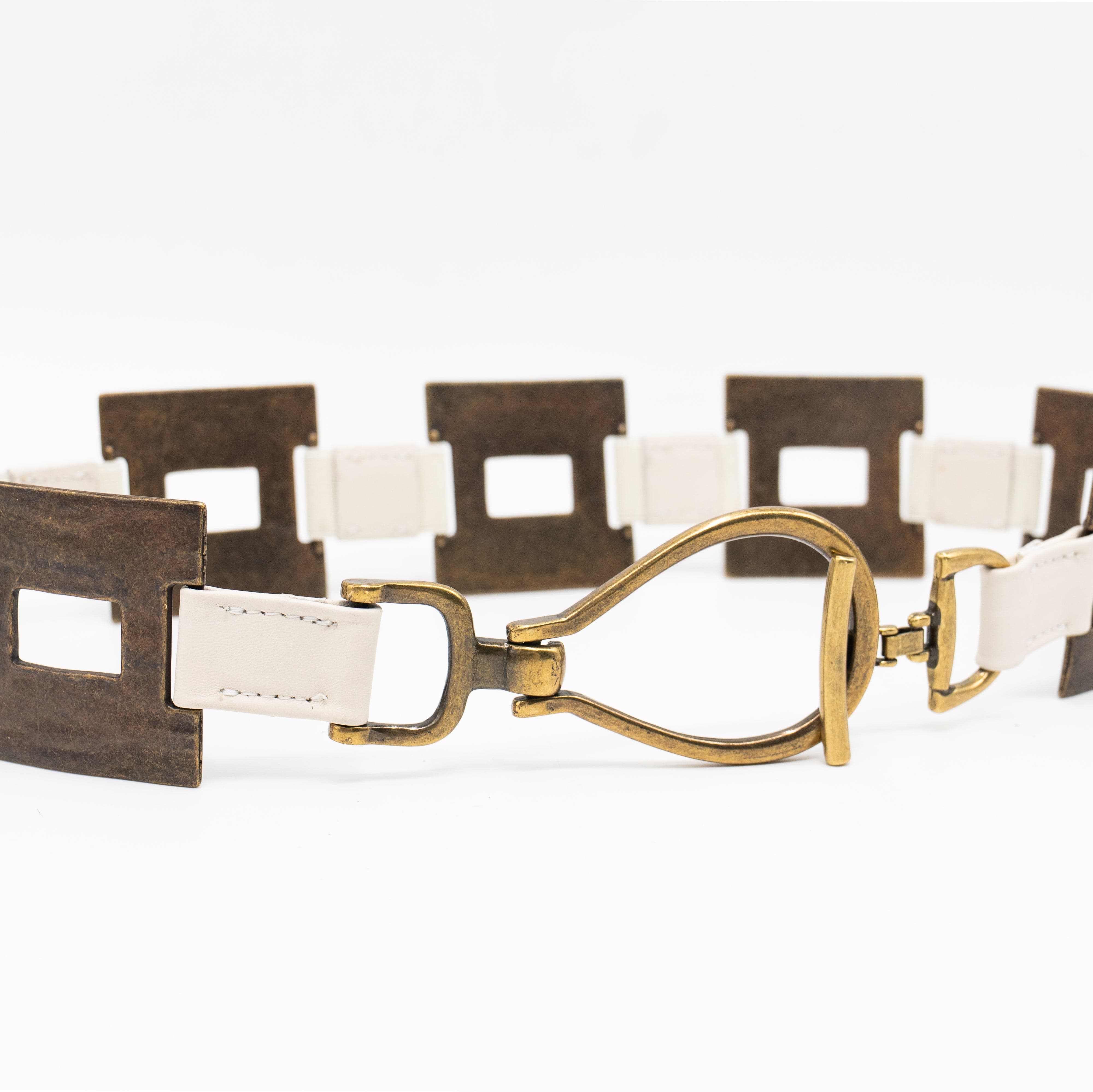 Vera Belt – cream Italian leather belt with brass square hardware, loop-and-hook closure, and adjustable stretch detail, handcrafted in Los Angeles - Streets Ahead