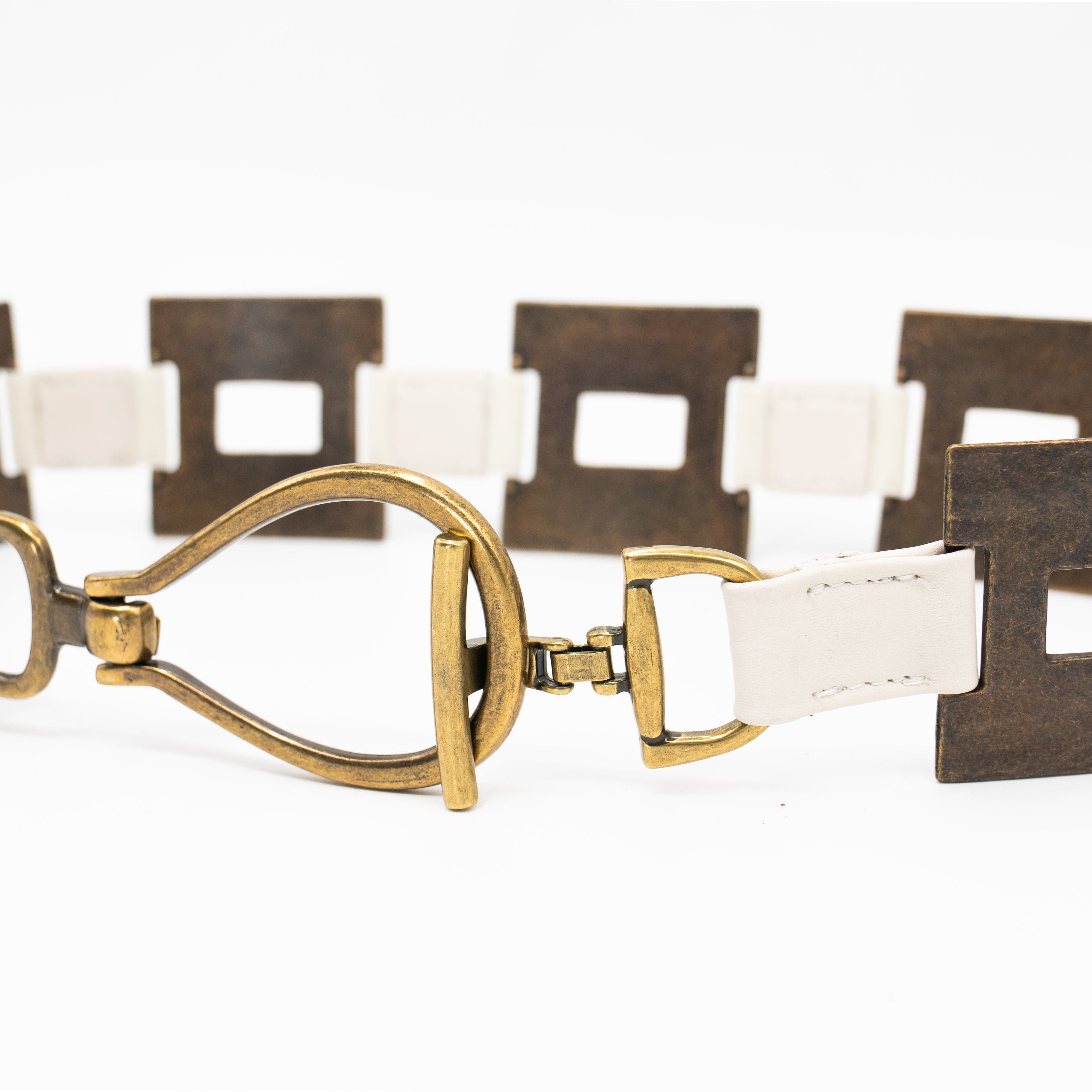 Vera Belt – cream Italian leather belt with brass square hardware, loop-and-hook closure, and adjustable stretch detail, handcrafted in Los Angeles - Streets Ahead