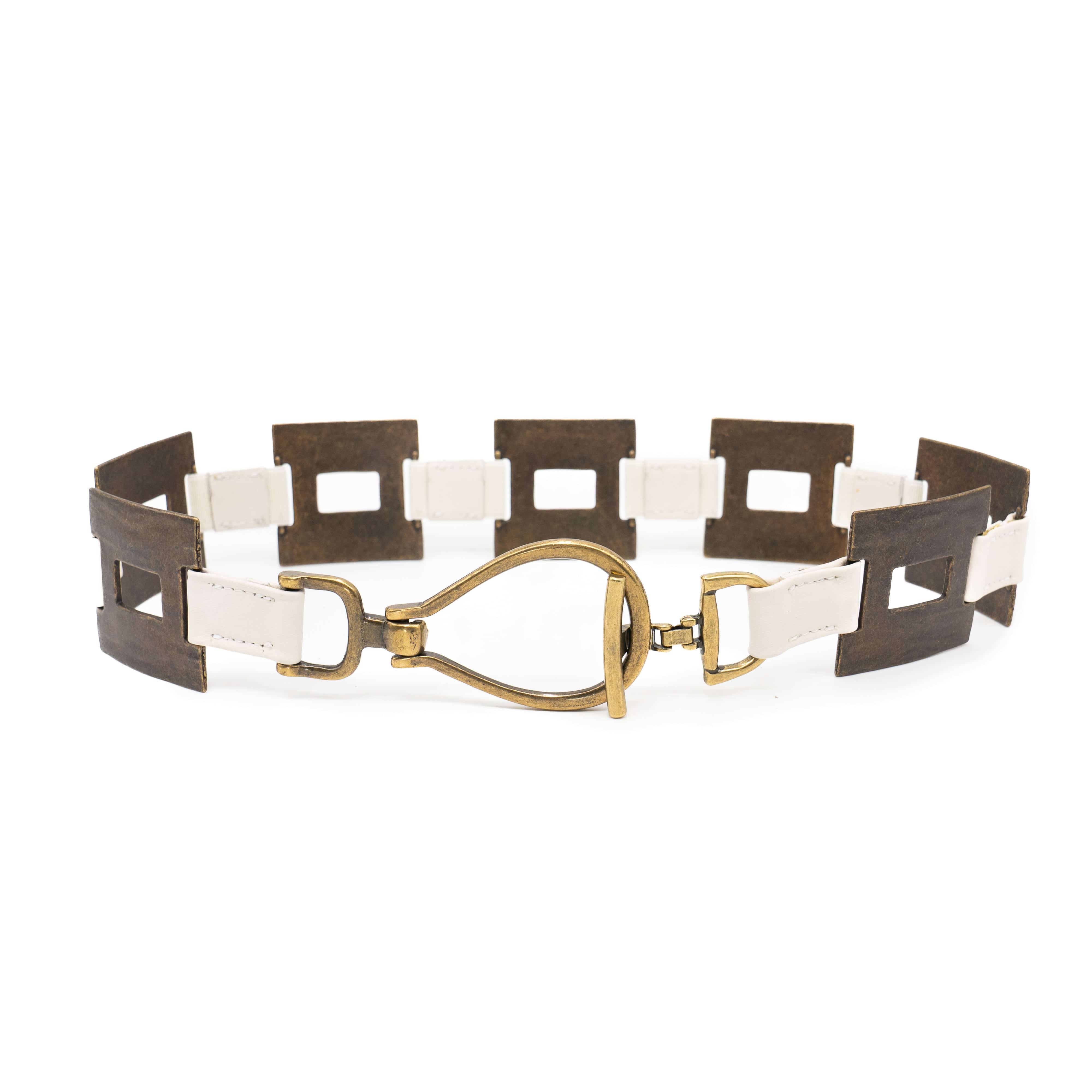 Vera Belt – cream Italian leather belt with brass square hardware, loop-and-hook closure, and adjustable stretch detail, handcrafted in Los Angeles - Streets Ahead