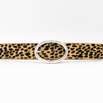 Vixen Belt – tan and black cheetah print Italian hair-on leather belt with a silver-plated oval buckle, handcrafted in Los Angeles - Streets Ahead