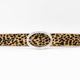 Vixen Belt – tan and black cheetah print Italian hair-on leather belt with a silver-plated oval buckle, handcrafted in Los Angeles - Streets Ahead