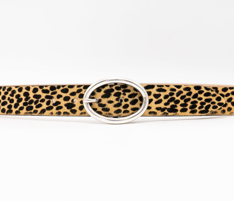 Vixen Belt – tan and black cheetah print Italian hair-on leather belt with a silver-plated oval buckle, handcrafted in Los Angeles - Streets Ahead