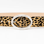 Vixen Belt – tan and black cheetah print Italian hair-on leather belt with a silver-plated oval buckle, handcrafted in Los Angeles - Streets Ahead