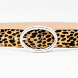 Vixen Belt – tan and black cheetah print Italian hair-on leather belt with a silver-plated oval buckle, handcrafted in Los Angeles - Streets Ahead