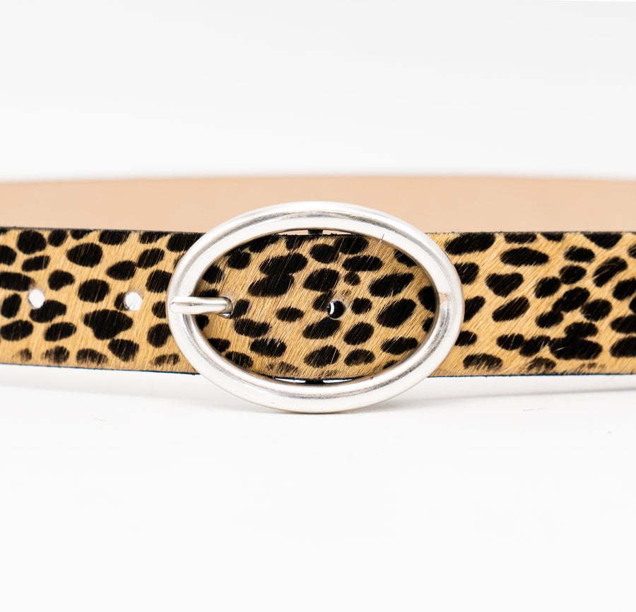 Vixen Belt – tan and black cheetah print Italian hair-on leather belt with a silver-plated oval buckle, handcrafted in Los Angeles - Streets Ahead