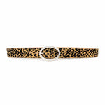 Vixen Belt – tan and black cheetah print Italian hair-on leather belt with a silver-plated oval buckle, handcrafted in Los Angeles - Streets Ahead
