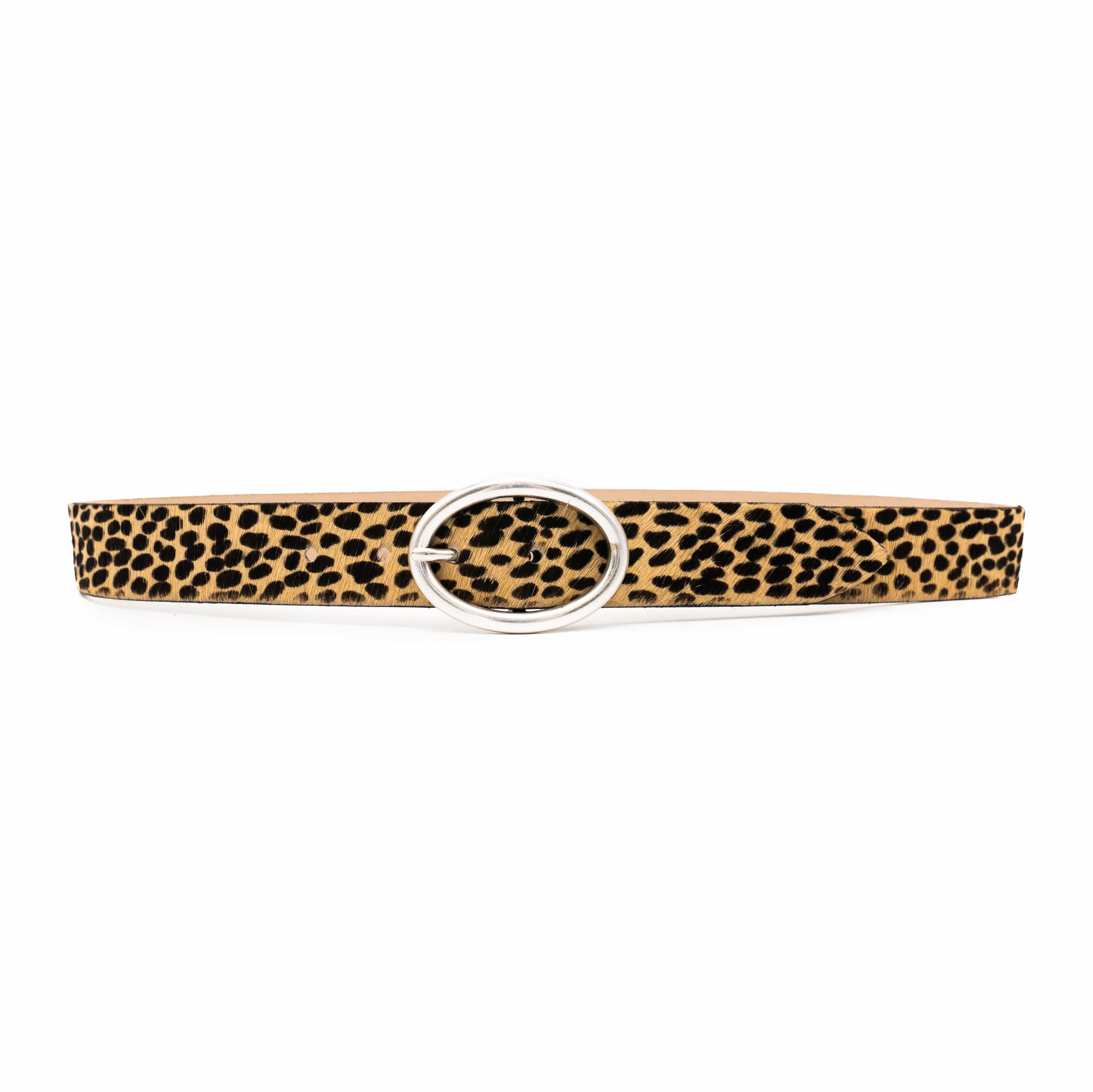 Vixen Belt – tan and black cheetah print Italian hair-on leather belt with a silver-plated oval buckle, handcrafted in Los Angeles - Streets Ahead