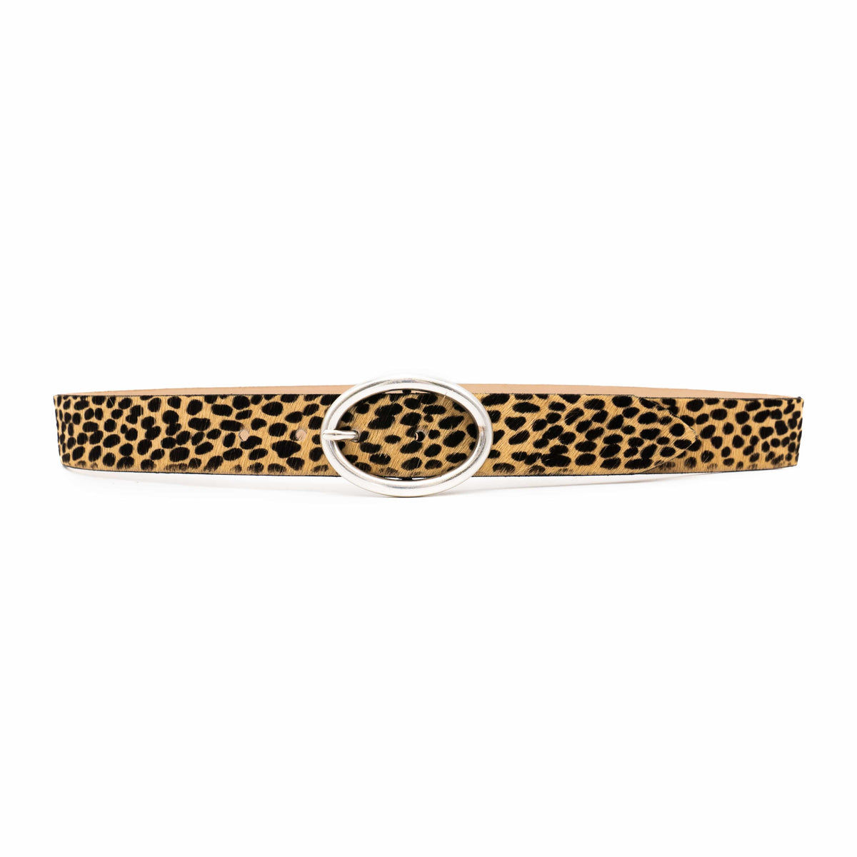 Vixen Belt – tan and black cheetah print Italian hair-on leather belt with a silver-plated oval buckle, handcrafted in Los Angeles - Streets Ahead