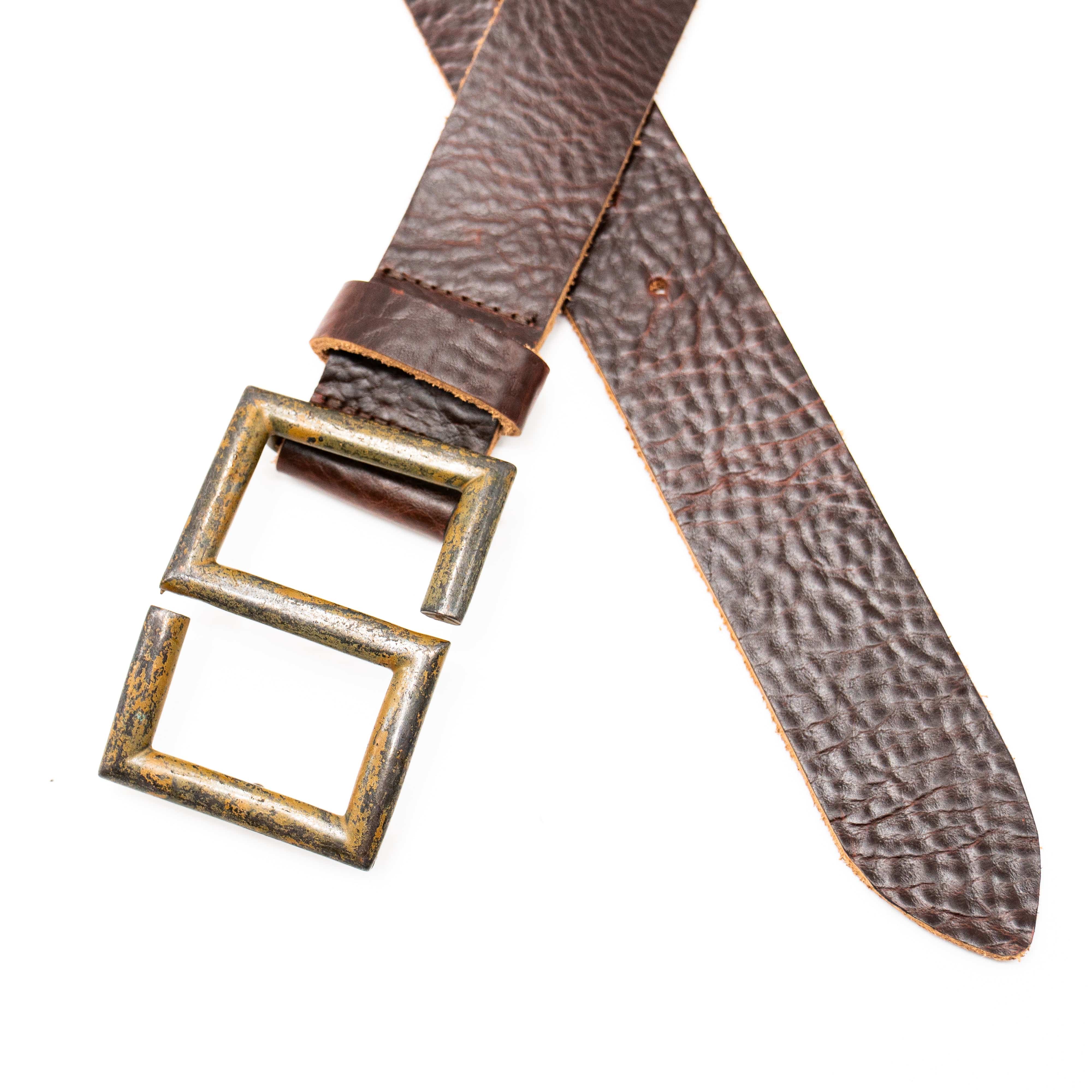 Zander Belt – brown Italian leather belt with rugged S-shaped buckle and prong closure, unisex design, handcrafted in Los Angeles - Streets Ahead