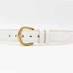Zephyr Belt – off-white smooth Italian leather belt with a feather-edge strap, solid brass buckle, and two-loop detail, handcrafted in Los Angeles - Streets Ahead