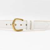 Zephyr Belt – off-white smooth Italian leather belt with a feather-edge strap, solid brass buckle, and two-loop detail, handcrafted in Los Angeles - Streets Ahead
