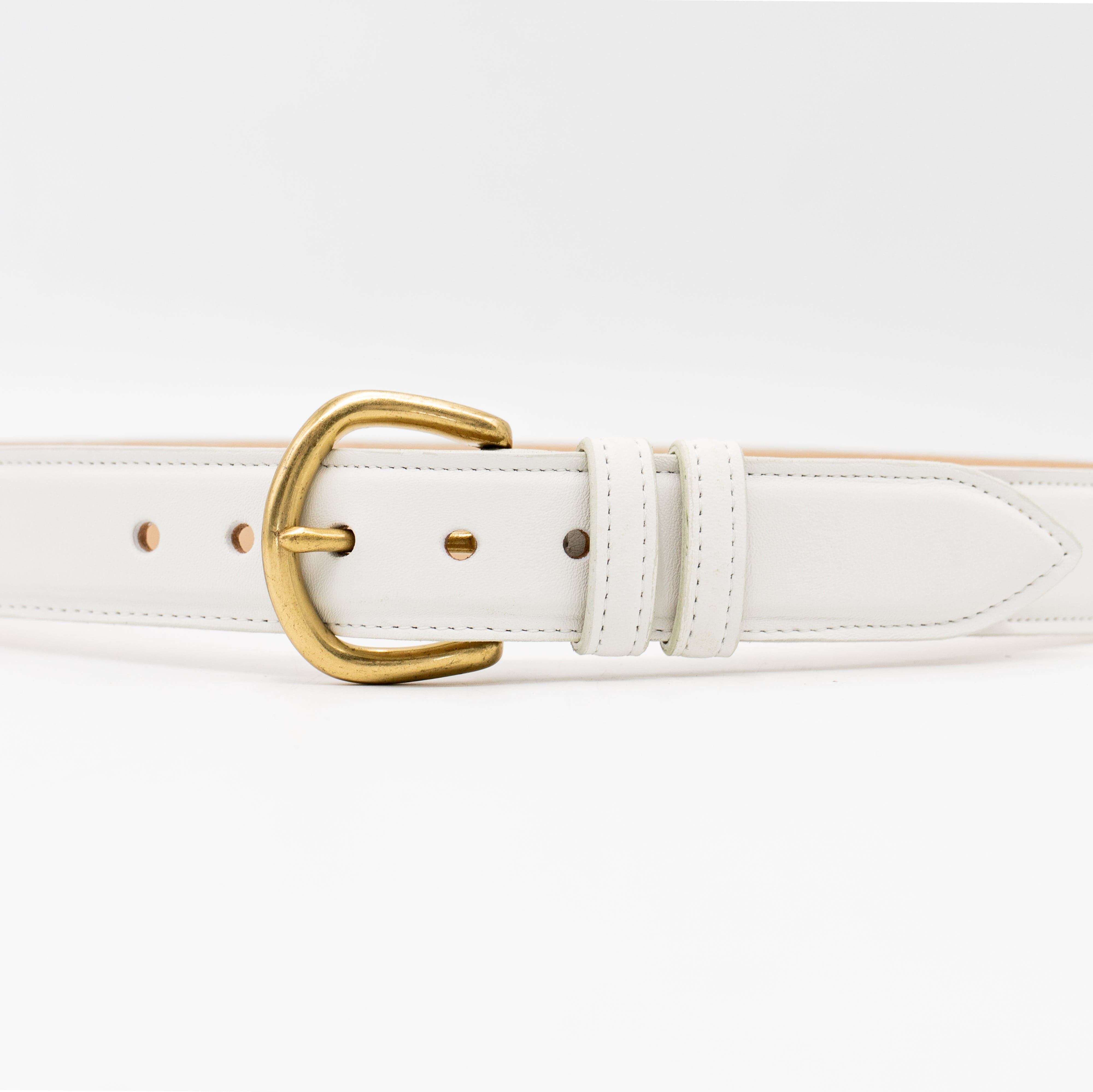 Zephyr Belt – off-white smooth Italian leather belt with a feather-edge strap, solid brass buckle, and two-loop detail, handcrafted in Los Angeles - Streets Ahead