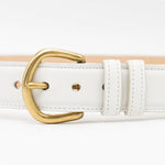 Zephyr Belt – off-white smooth Italian leather belt with a feather-edge strap, solid brass buckle, and two-loop detail, handcrafted in Los Angeles - Streets Ahead