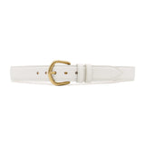 Zephyr Belt – off-white smooth Italian leather belt with a feather-edge strap, solid brass buckle, and two-loop detail, handcrafted in Los Angeles - Streets Ahead