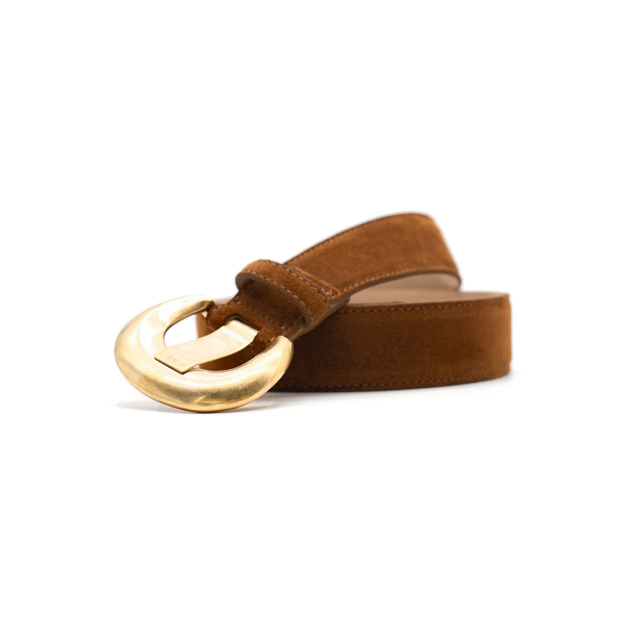 Imogen Belt in tobacco suede, coiled angle