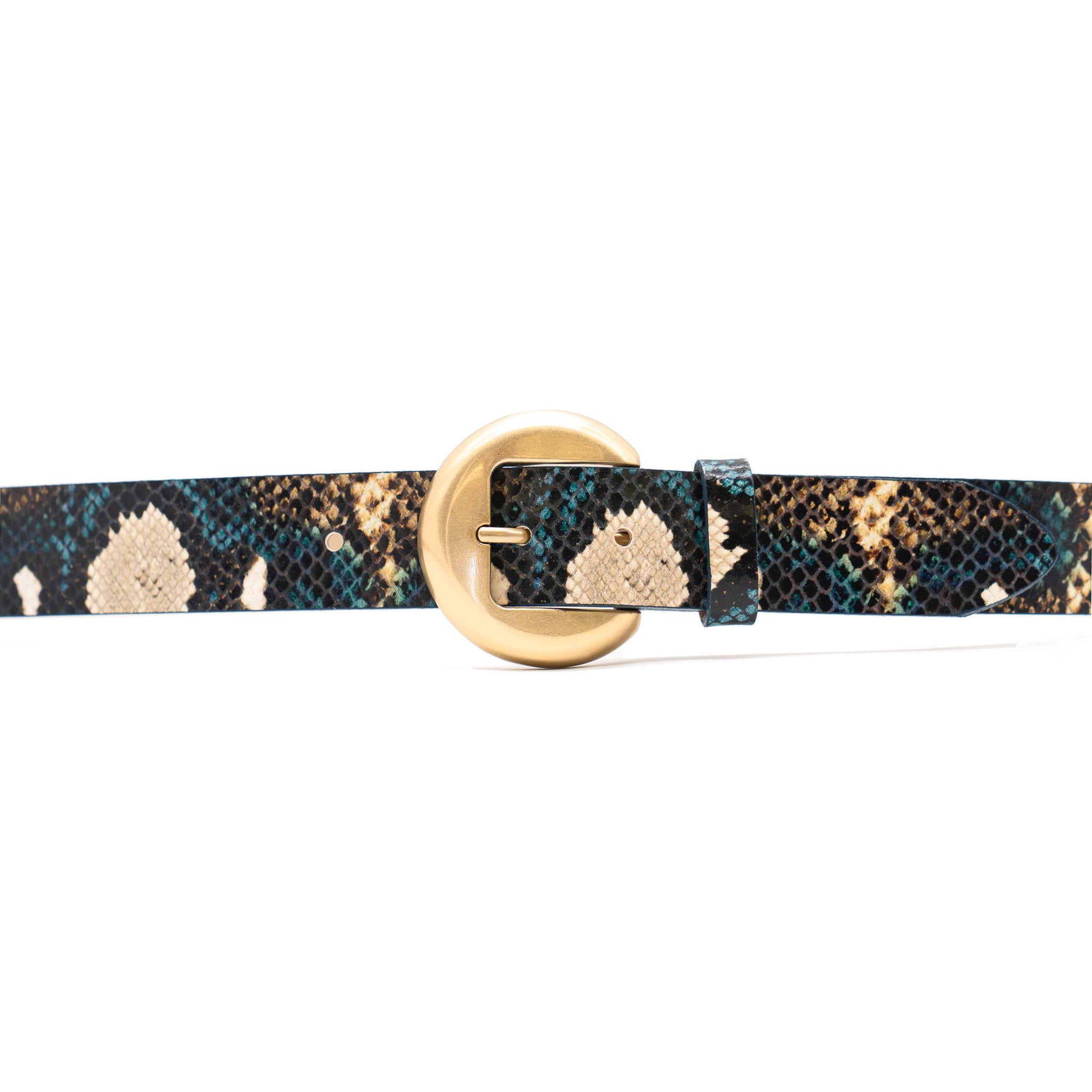Oriana Belt in teal python embossed leather, buckle detail