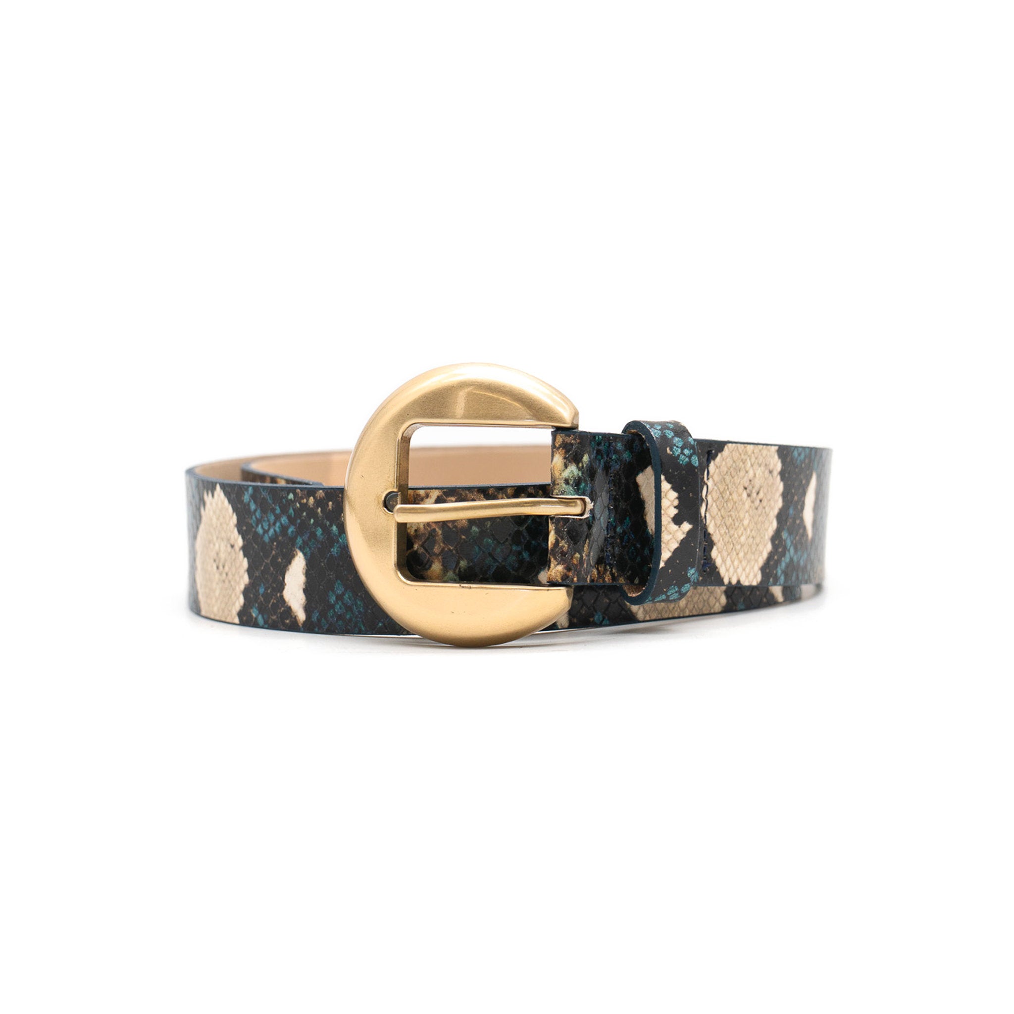 Oriana Belt in teal python embossed leather, coiled