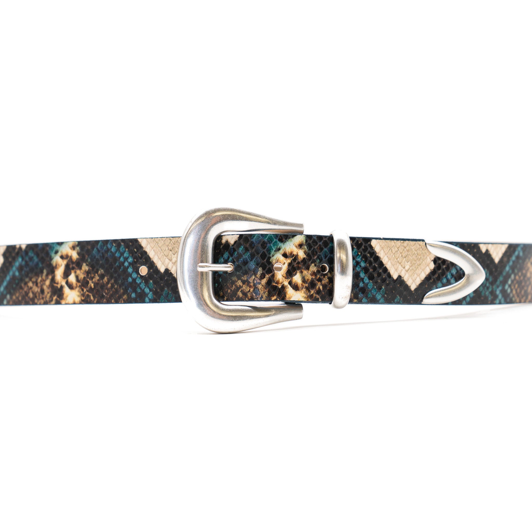 Solange Belt in teal python embossed leather, buckle detail
