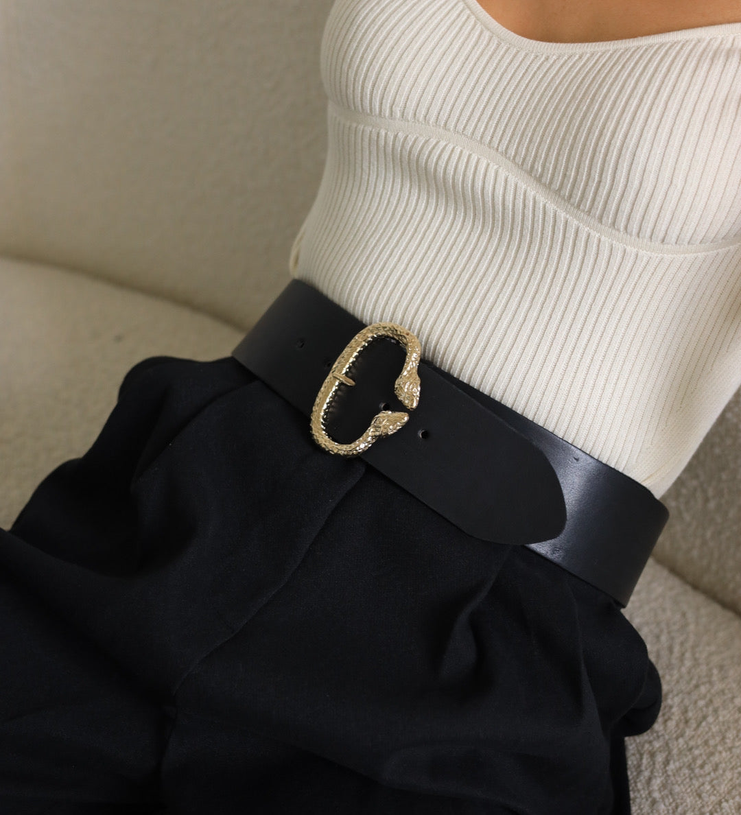 Streets Ahead Viper Belt — wide black leather waist belt with snake buckle, handcrafted in Los Angeles