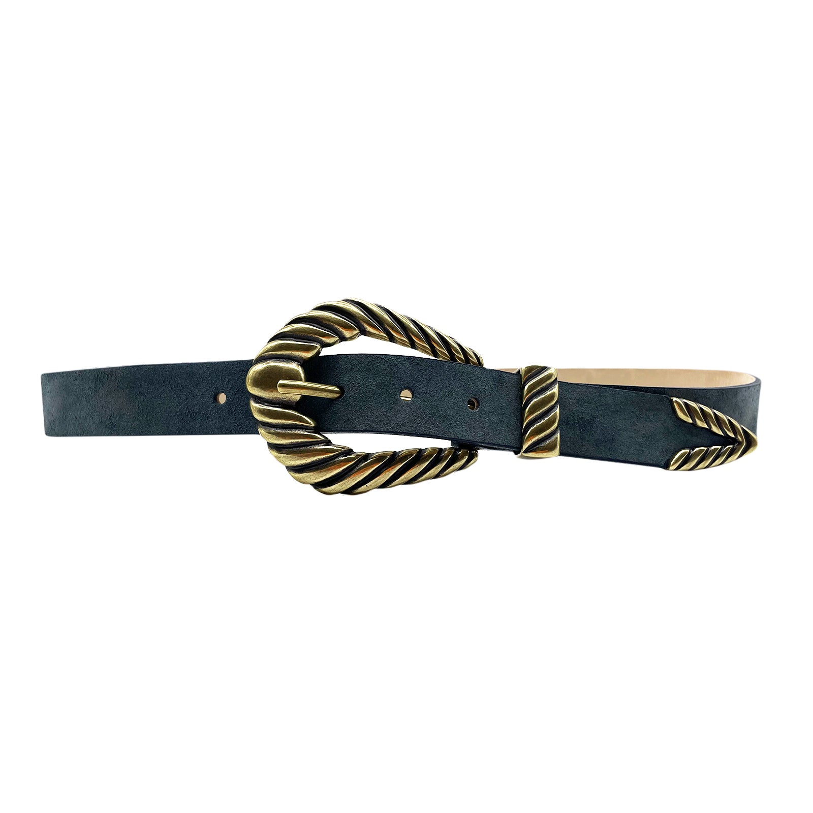 Off To The Races Belt in navy shimmer Italian leather with brass western buckle, Streets Ahead