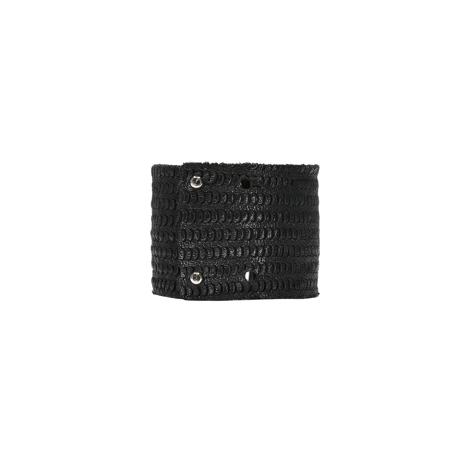 Streets Ahead Gambino Cuff — laser-cut black leather cuff with silver detail, handcrafted in Los Angeles