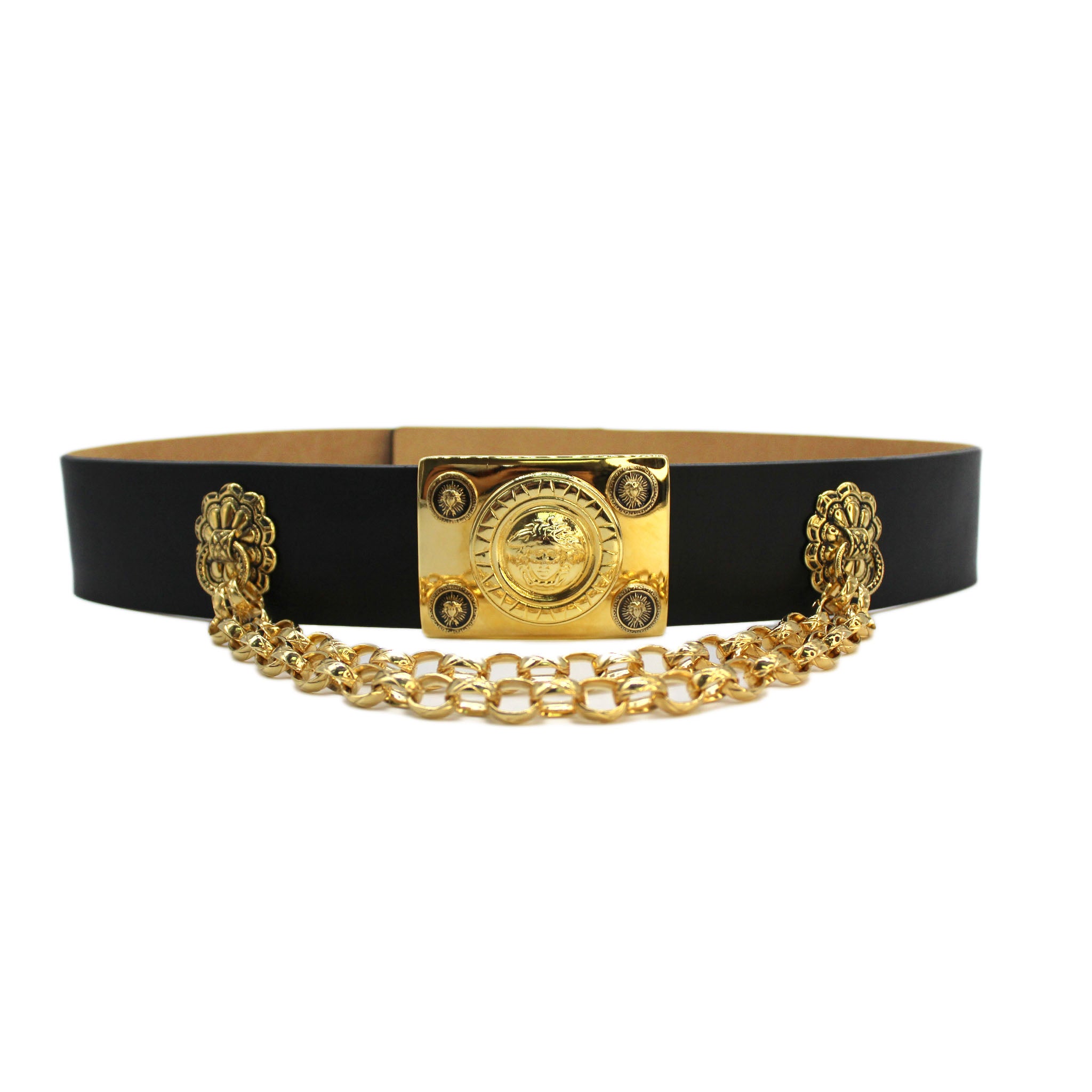 Aries Belt in black Italian leather with vintage gold hardware and chain detail, Streets Ahead