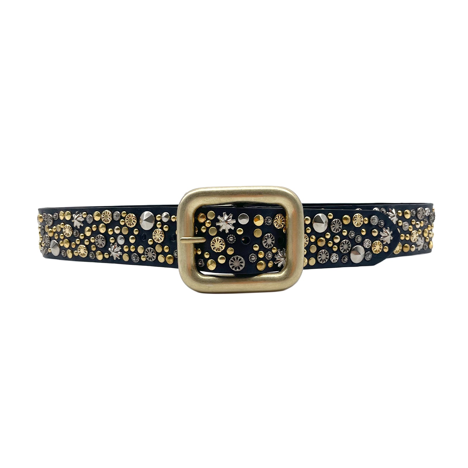 Britt Studded Belt in black Italian leather with mixed metal studs and gold buckle, Streets Ahead