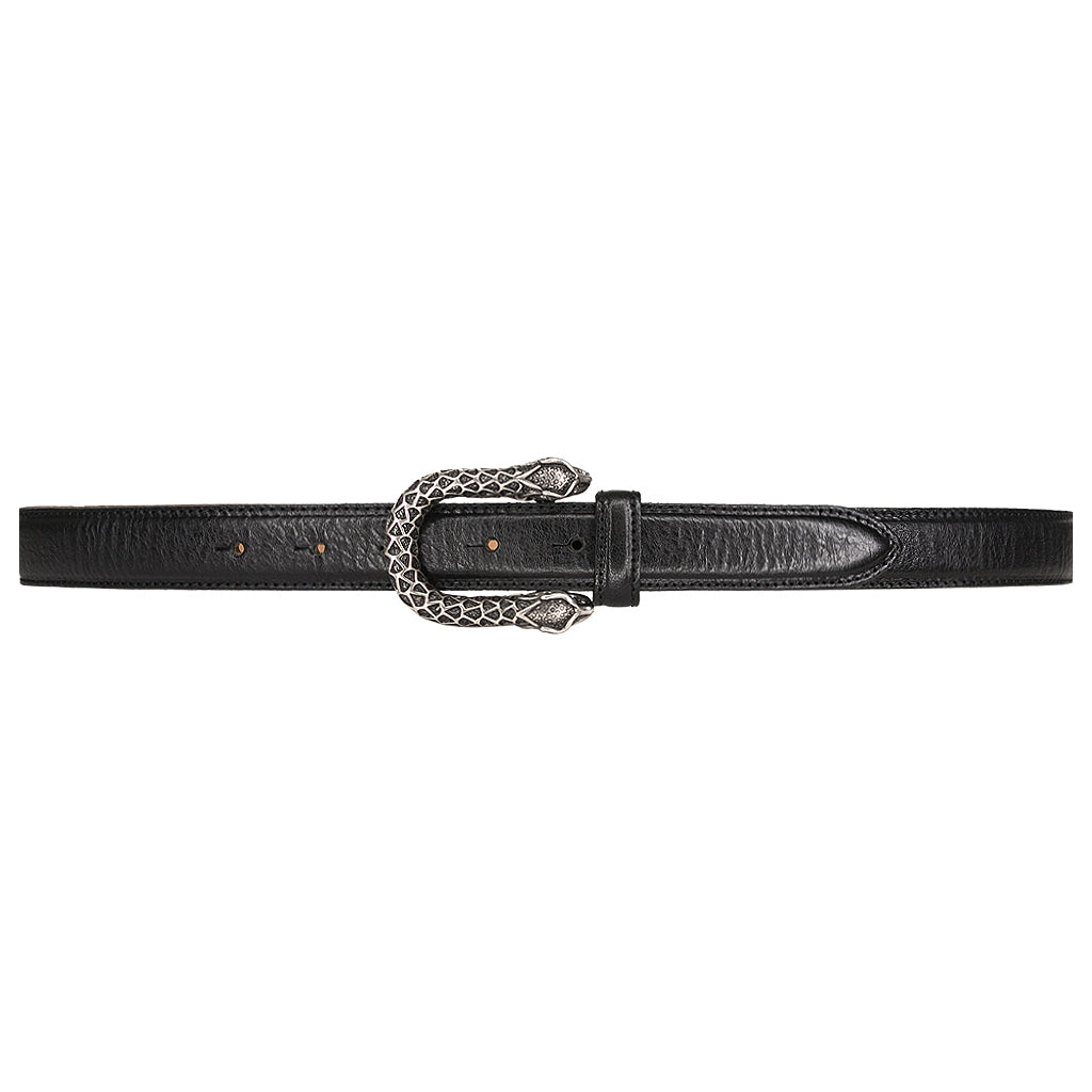 Snake Belt in black Italian leather with antique silver snake-head buckle, Streets Ahead