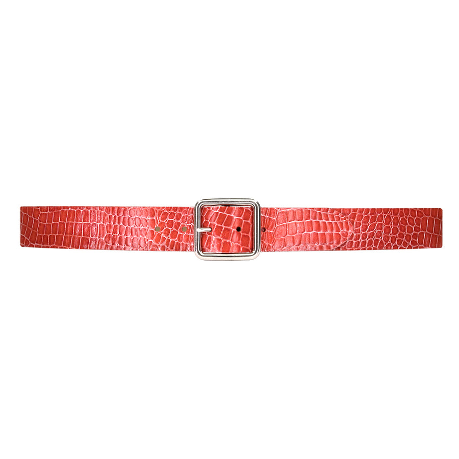 Berry Belt - Red Croc-Embossed Leather Silver Buckle - Streets Ahead
