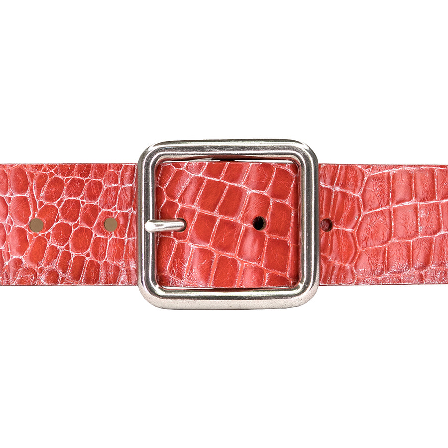 Berry Belt - Red Croc-Embossed Leather Silver Buckle - Streets Ahead