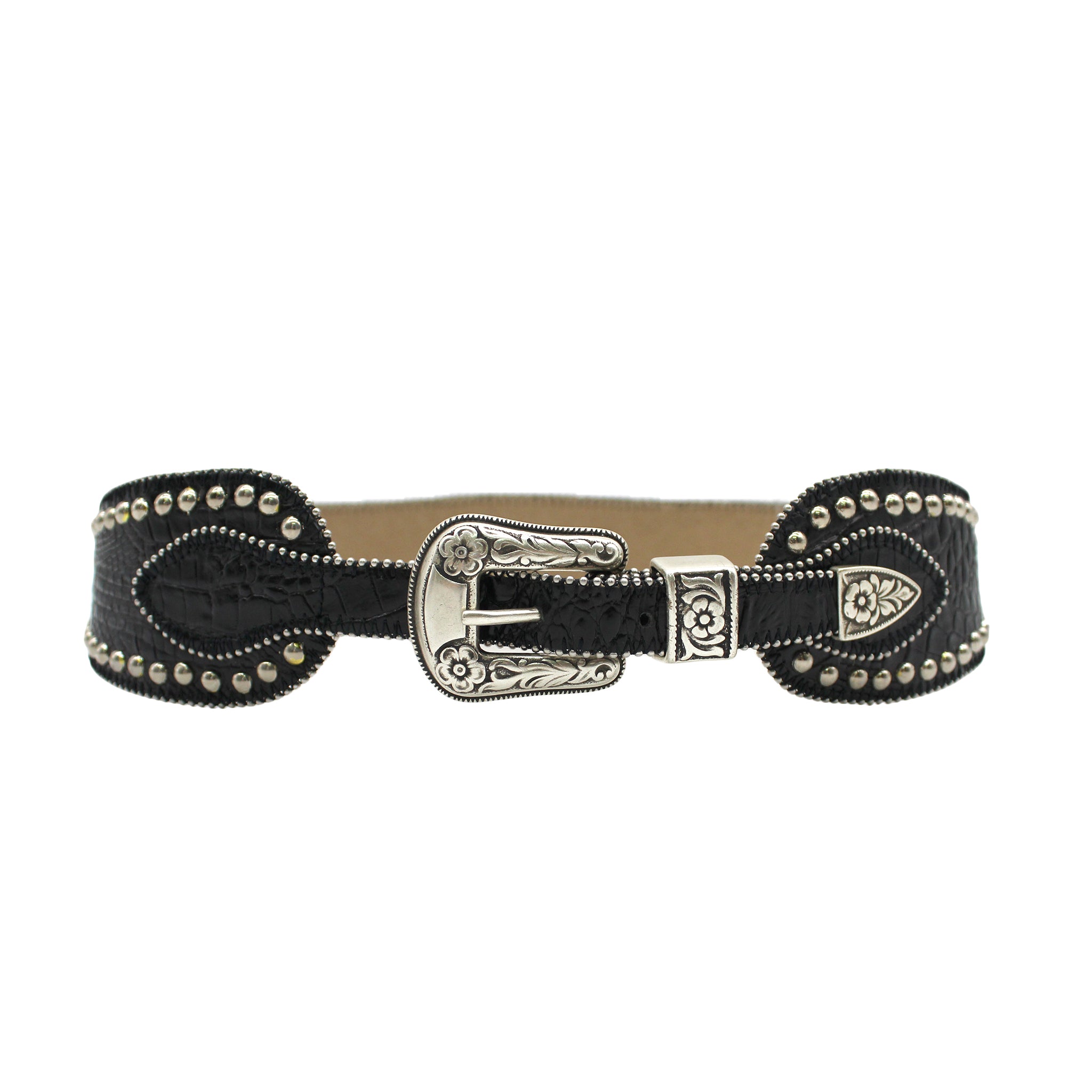 Owen Belt in croc-embossed black Italian leather with silver studs and western buckle set, Streets Ahead