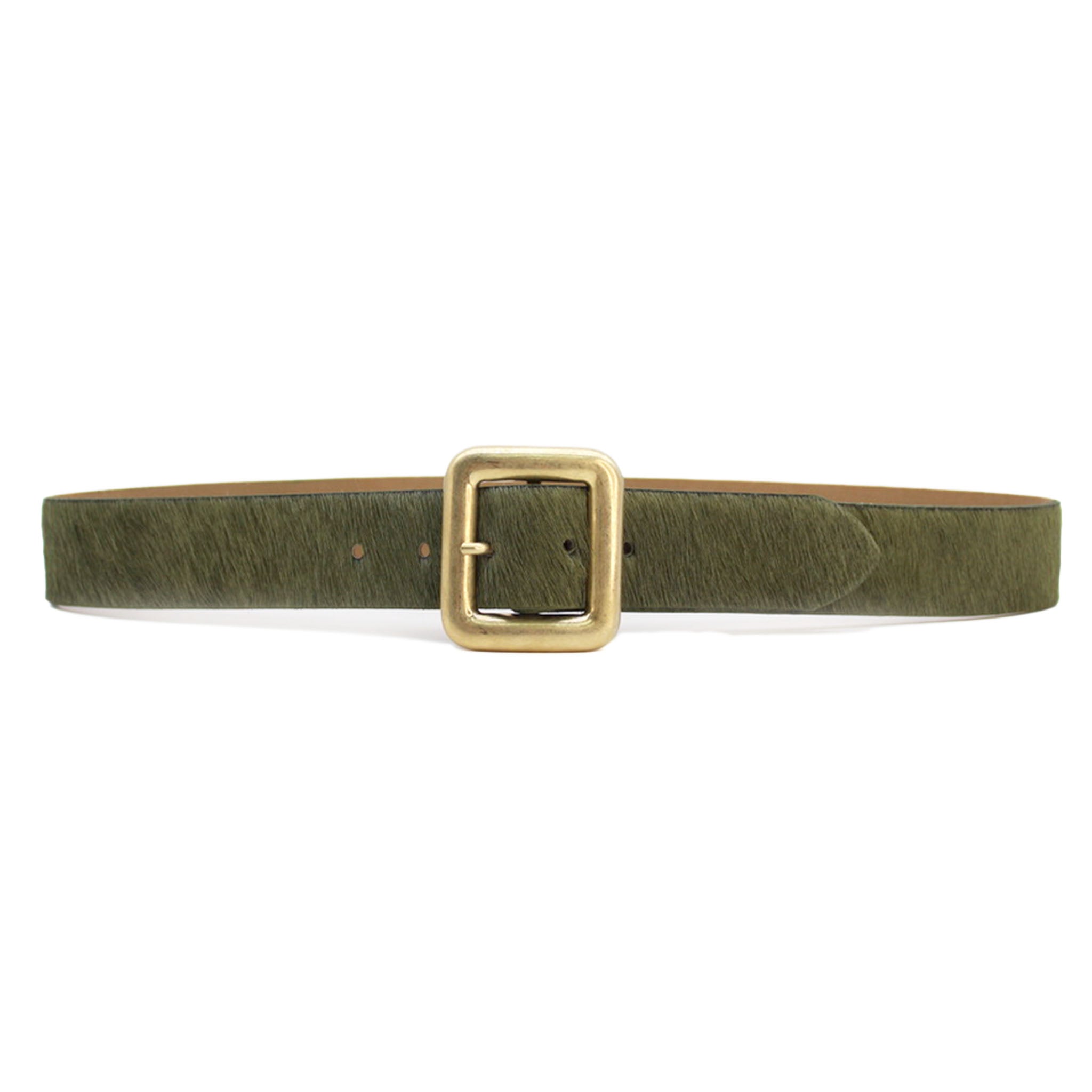 Zayn Belt in olive hair-on Italian leather with light gold center bar buckle, Streets Ahead
