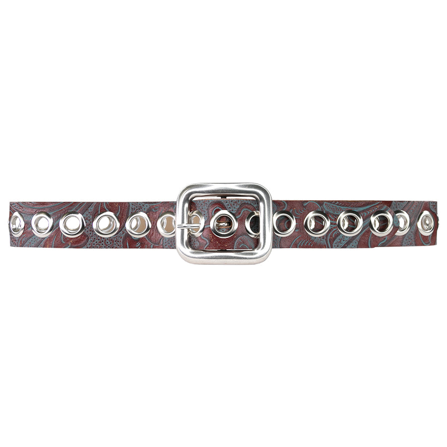 Aya Belt - Embossed Rust Leather Silver Grommets - Streets Ahead