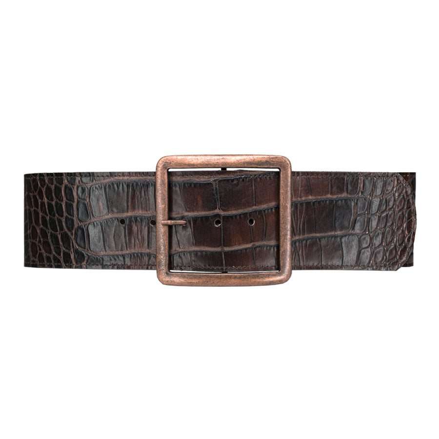 Basil Belt - Wide Waist Croc-Embossed Brown Leather - Streets Ahead