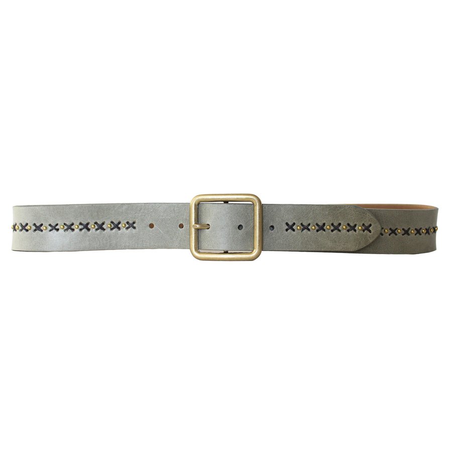 Vivee Belt - Sage Leather Gold Studded Cross Stitch - Streets Ahead