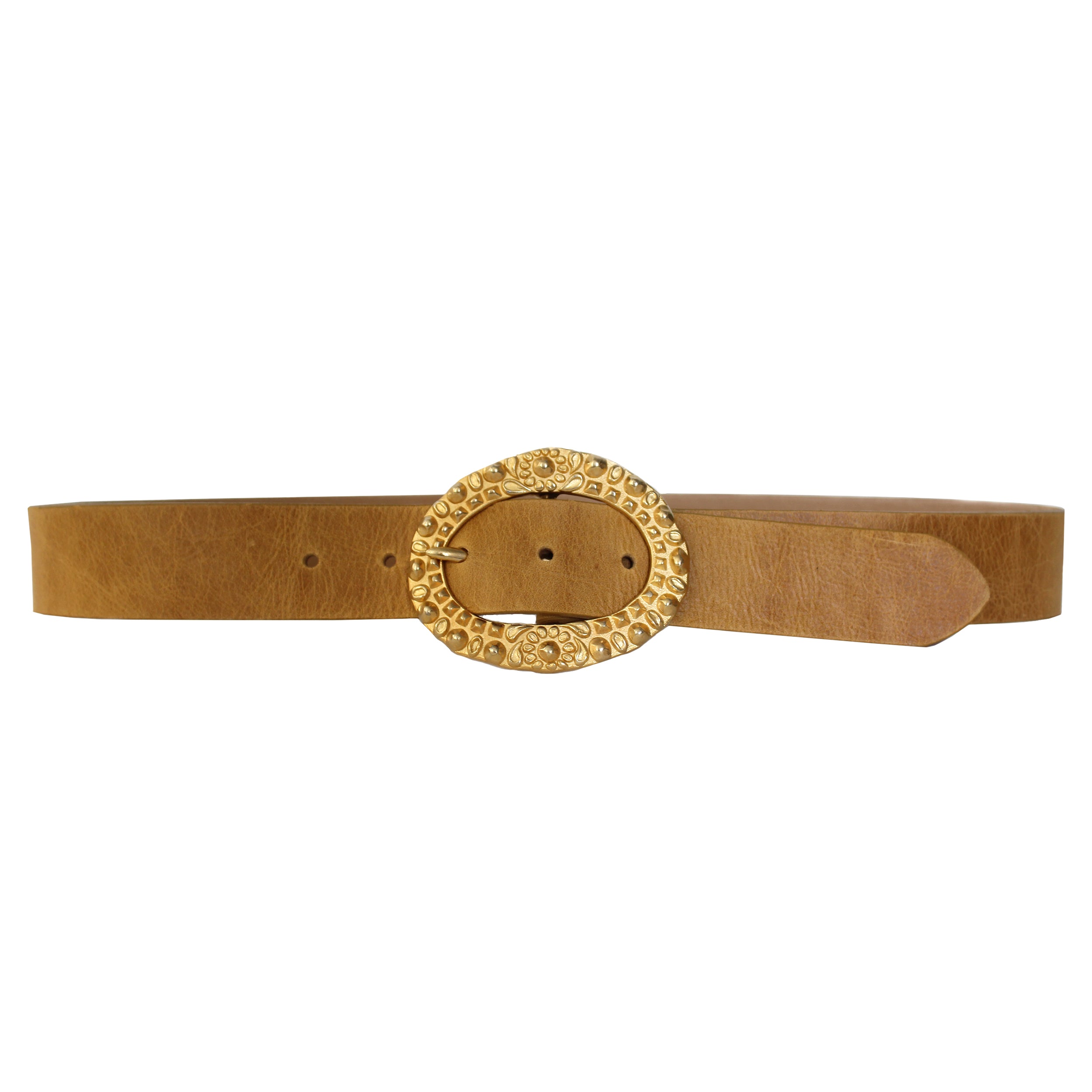 Ainsley Belt in smooth tan Italian leather with matte gold vintage oval buckle, Streets Ahead