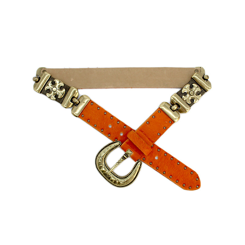 Cleo Embellished Belt in orange calf-hair Italian leather with silver studs and brass western buckle, Streets Ahead