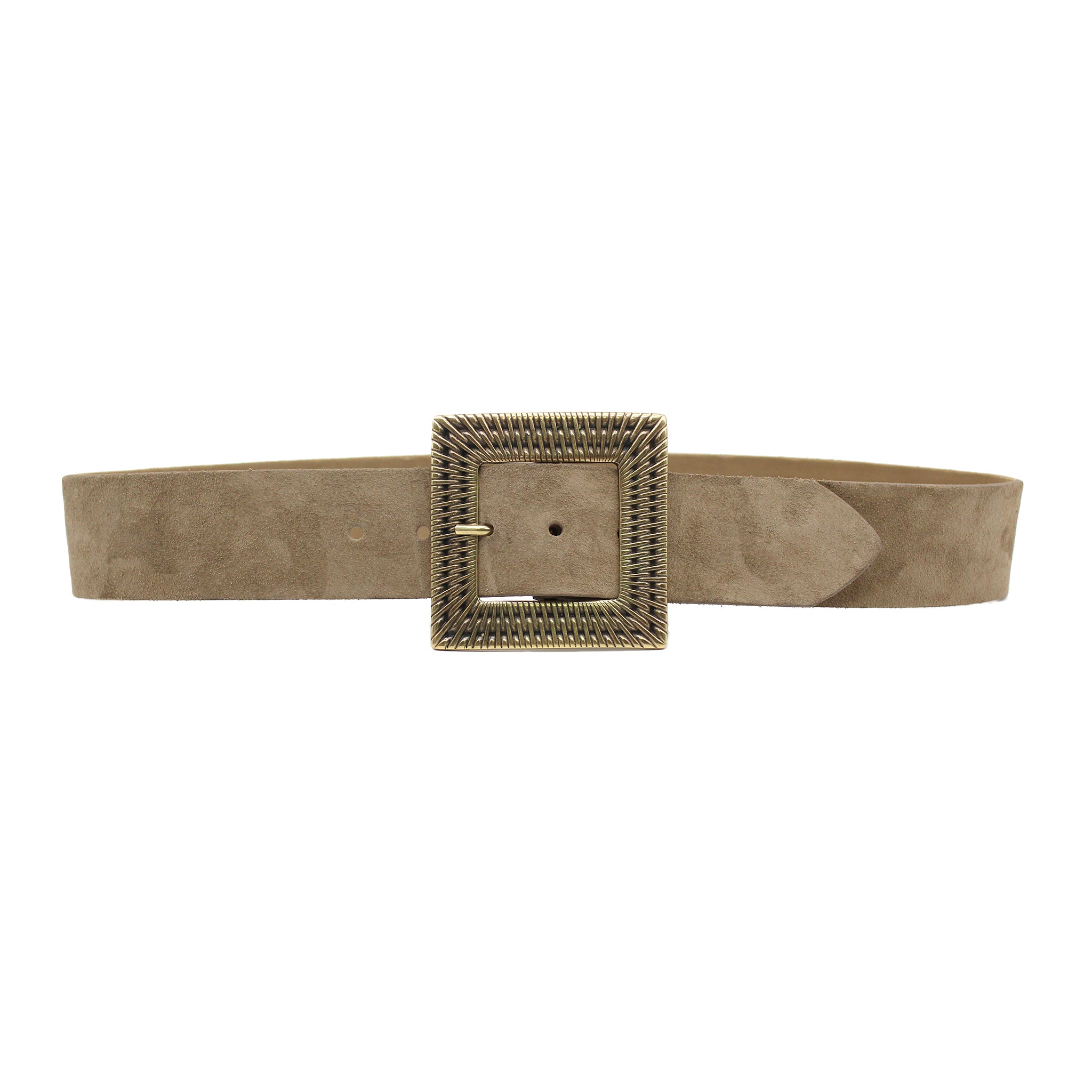 Delila Belt in taupe Italian suede with textured brass square buckle, Streets Ahead