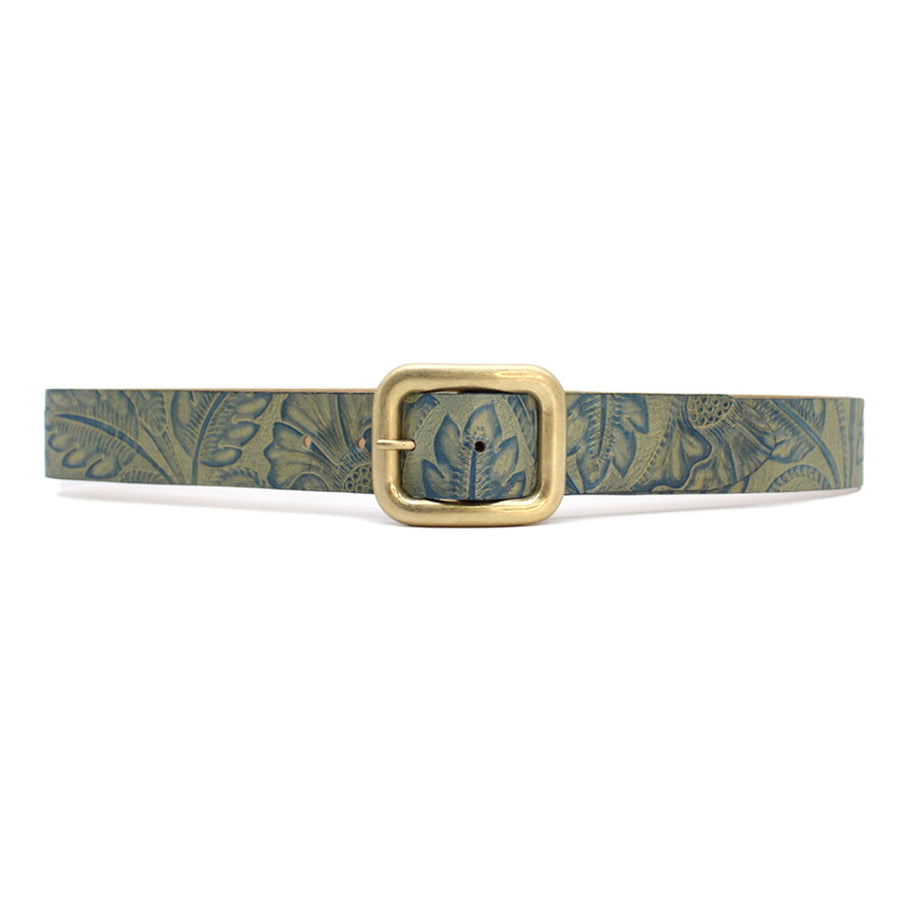 Sammi Belt - Blue Gold Embossed Leather Gold Buckle - Streets Ahead