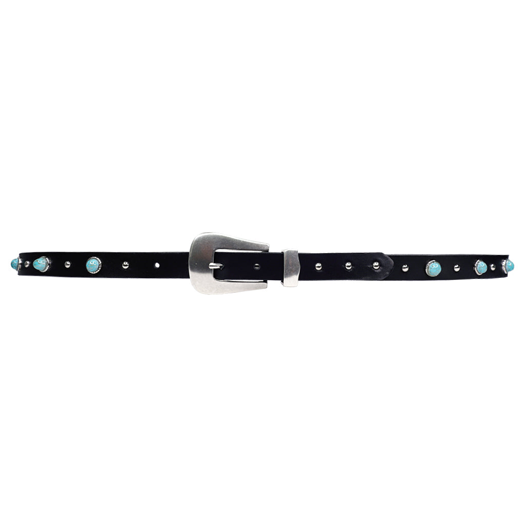 Bradley Belt in black Italian leather with turquoise stones and silver studs, Streets Ahead