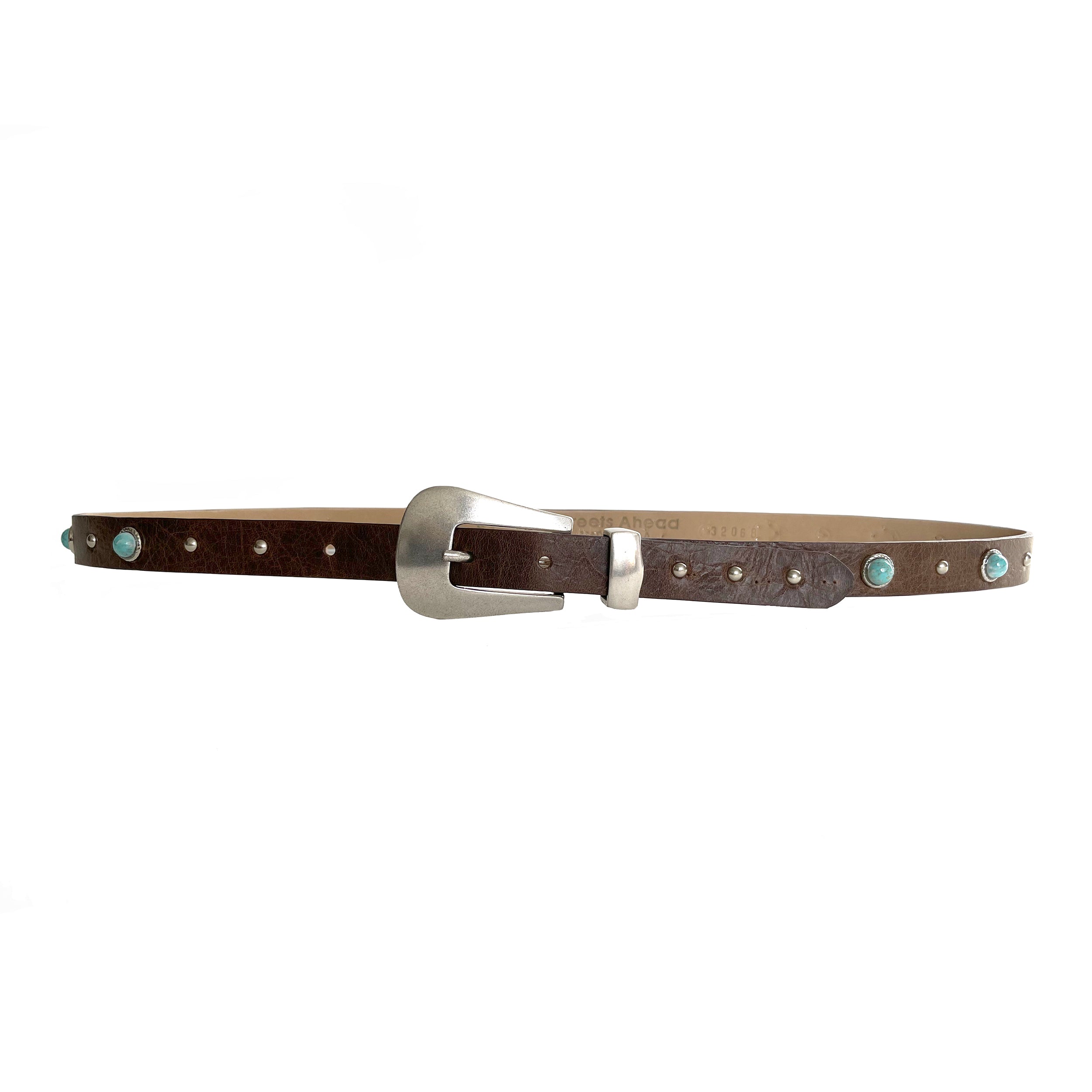 Bradley Belt in brown Italian leather with turquoise stone accents and satin silver western buckle, Streets Ahead