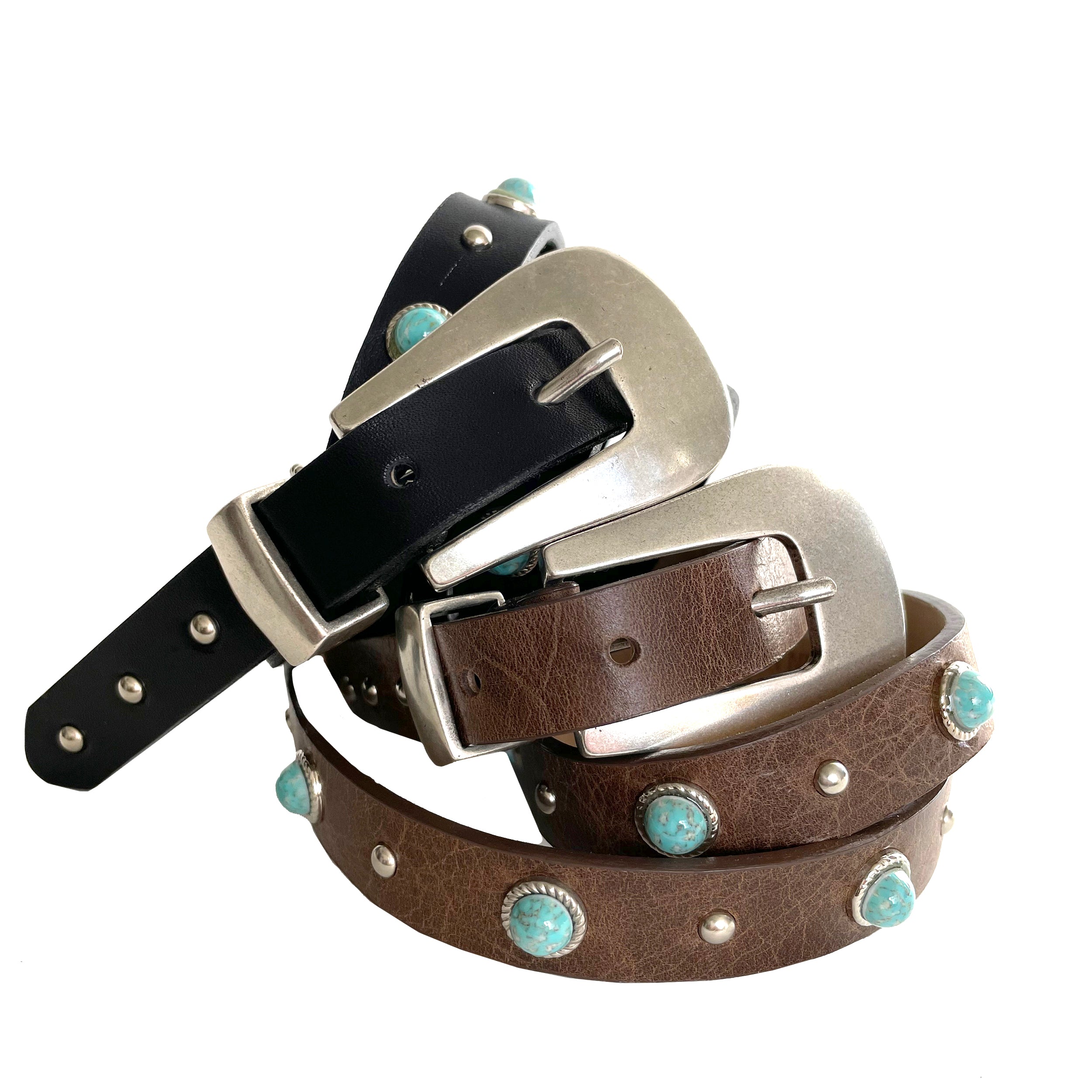 Streets Ahead Bradley Belt — brown and black leather with turquoise and silver stud detail, handcrafted in Los Angeles