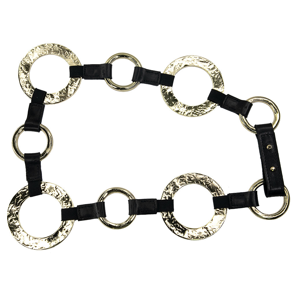 Greta Belt in black Italian leather with stretch, gold rings, and adjustable stud closure, Streets Ahead