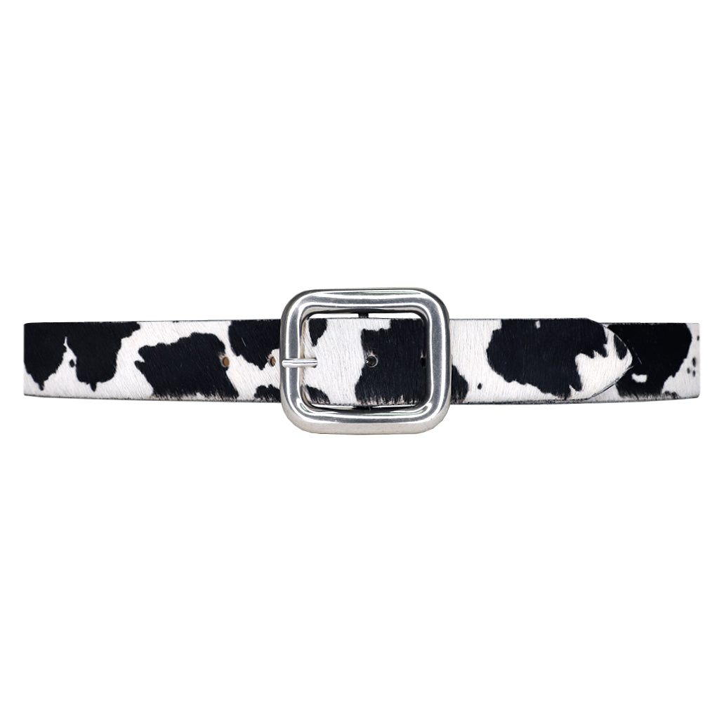 James Belt in black and white calf-hair Italian leather with silver rectangular buckle, Streets Ahead
