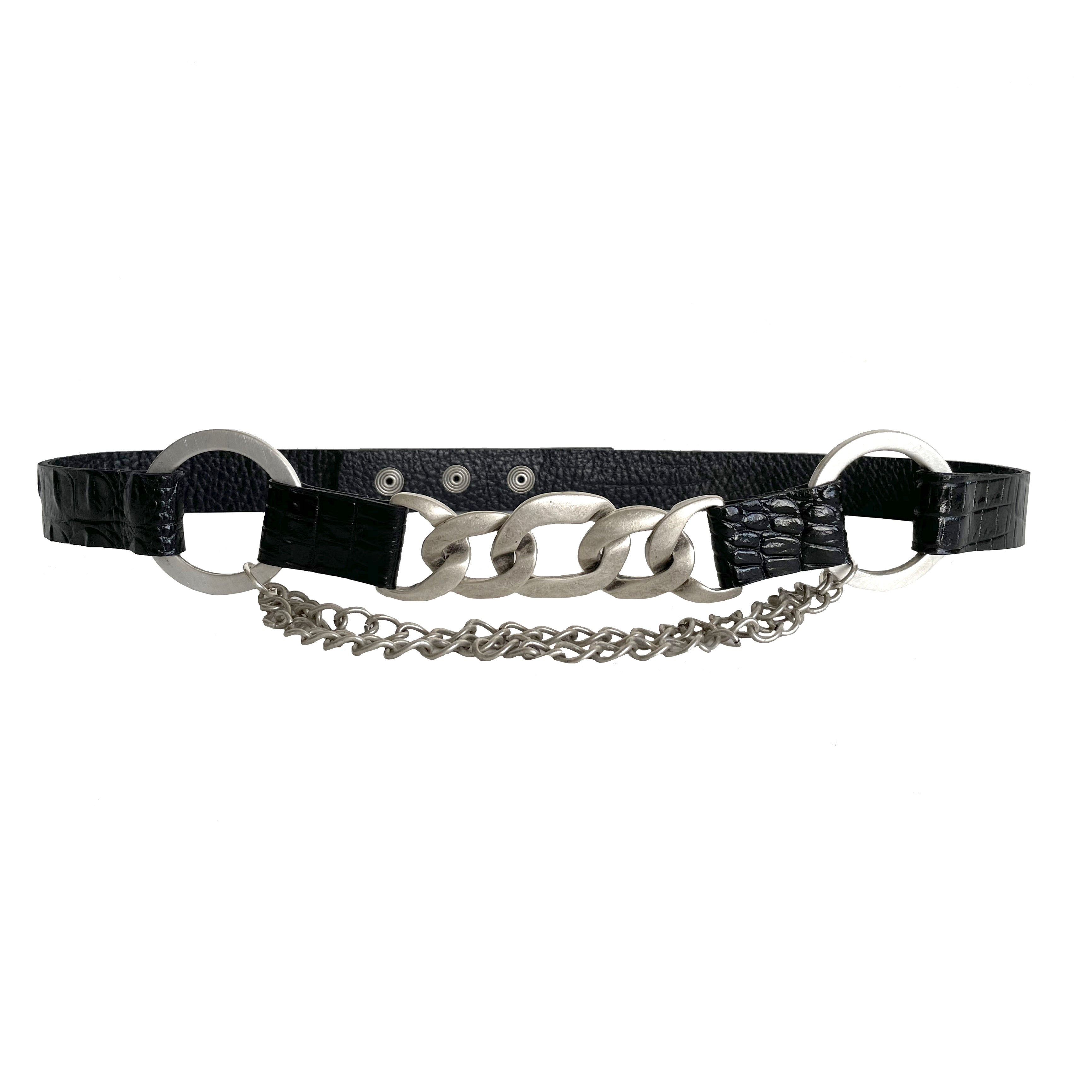 La Belle Belt in black croc-embossed Italian leather with antique silver rings and chain detail, Streets Ahead