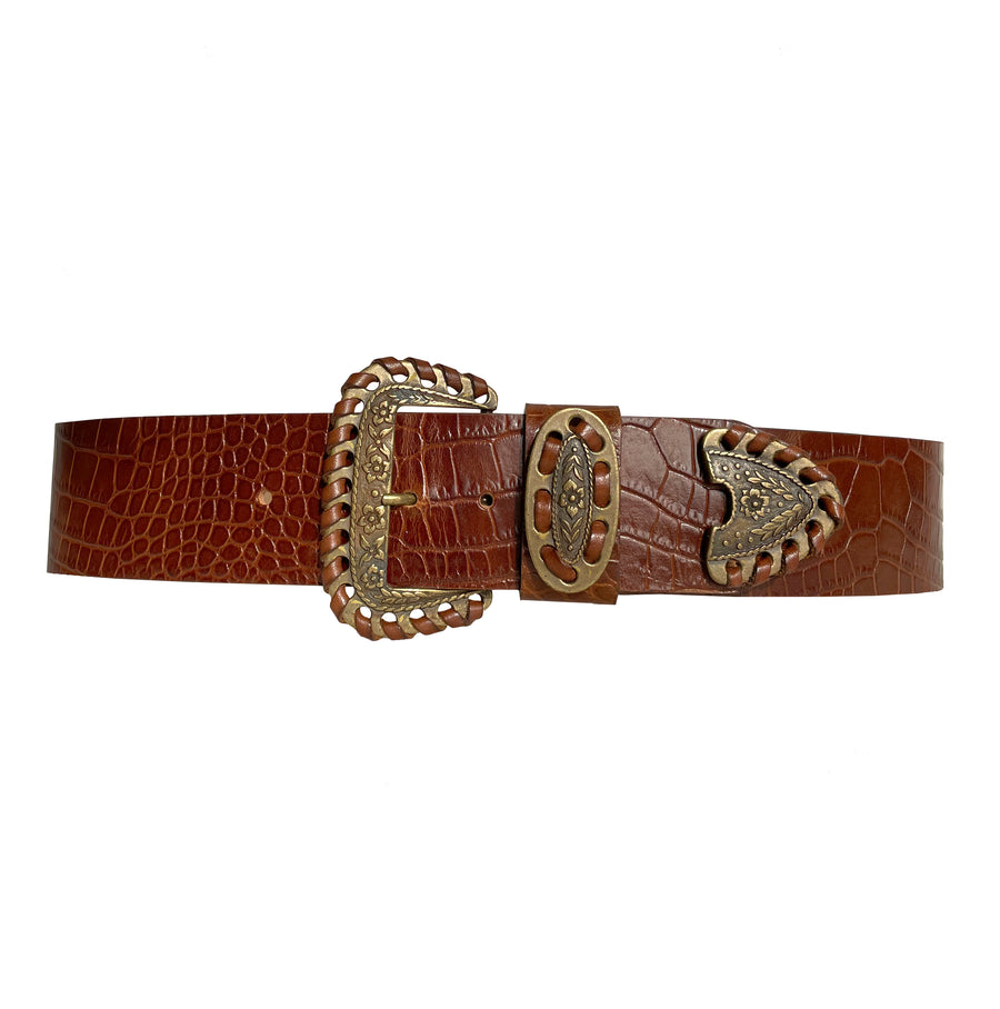 Althaia Belt - Western High-Waisted Belt Cognac Croc-Embossed Leather - Streets Ahead