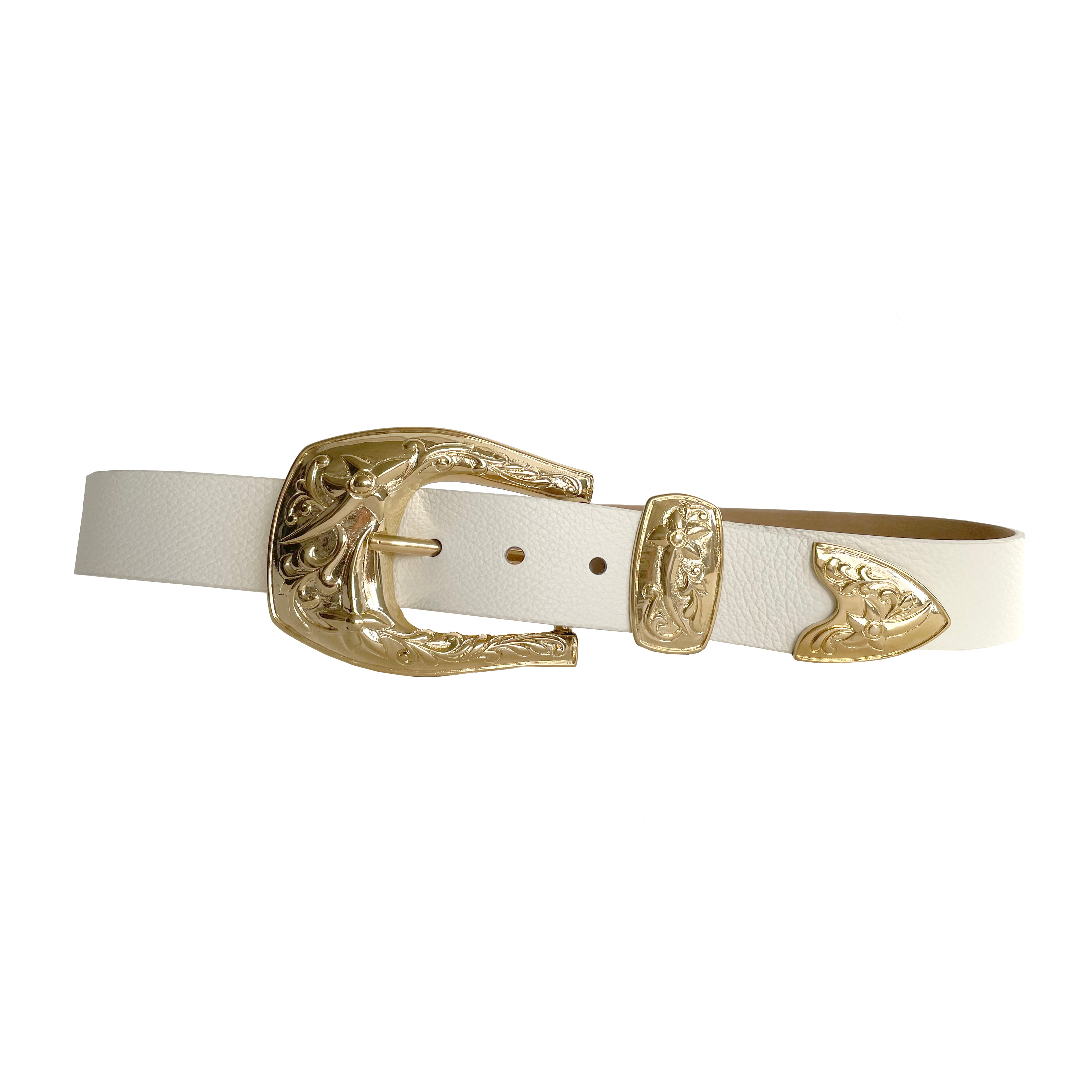 Streets Ahead LeAnn Belt — white Italian leather with gold western buckle loop and tip, handcrafted in Los Angeles