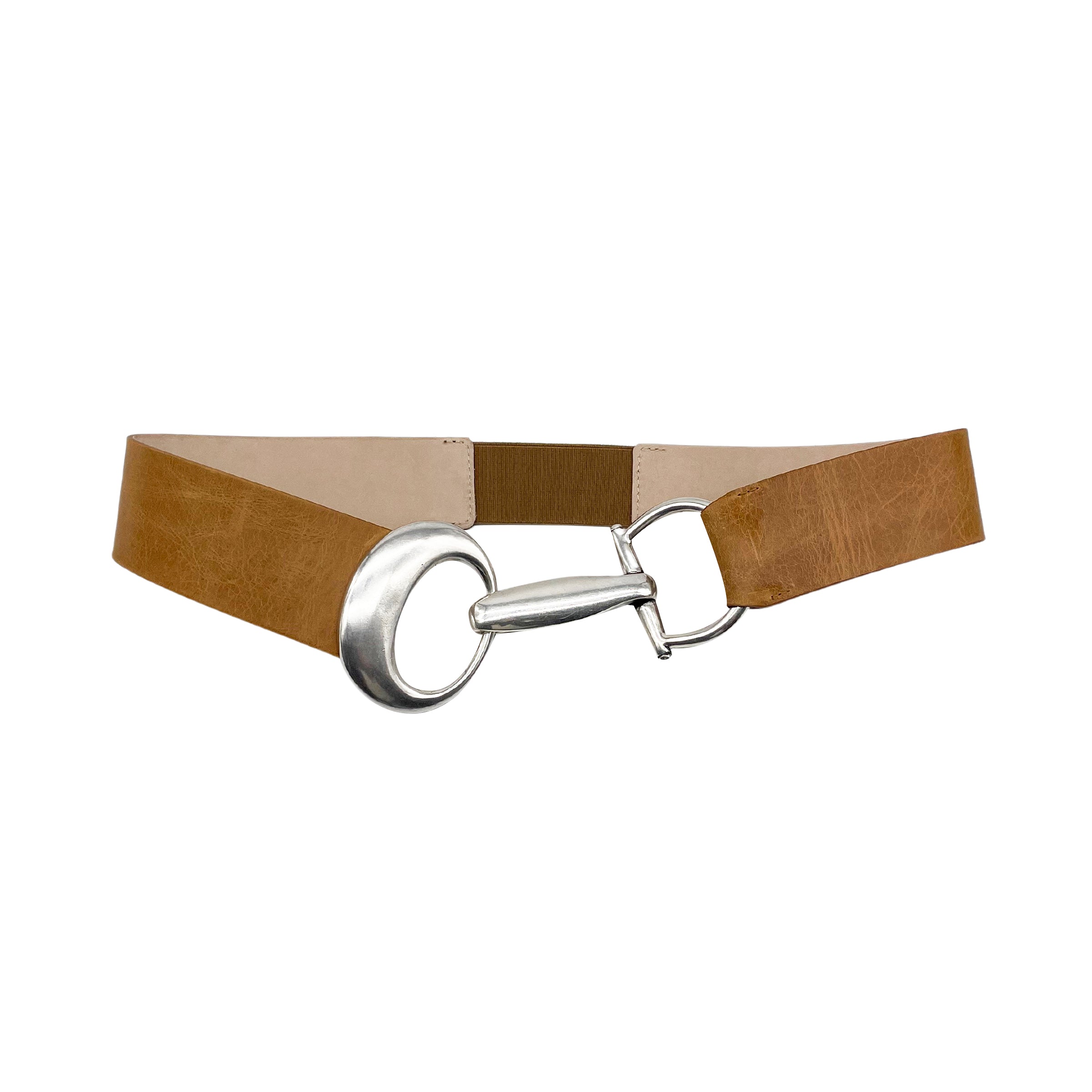 Romi Belt in tan Italian leather with vintage silver hook closure and stretch panel, Streets Ahead